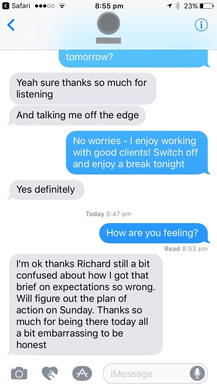 Redacted text messages from Mike. That evening: &lsquo;Thanks so much for listening. And talking me off the edge.&rsquo; Later, read at 8:53pm: &lsquo;Thanks so much for being there today, all a bit embarrassing to be honest.&rsquo;